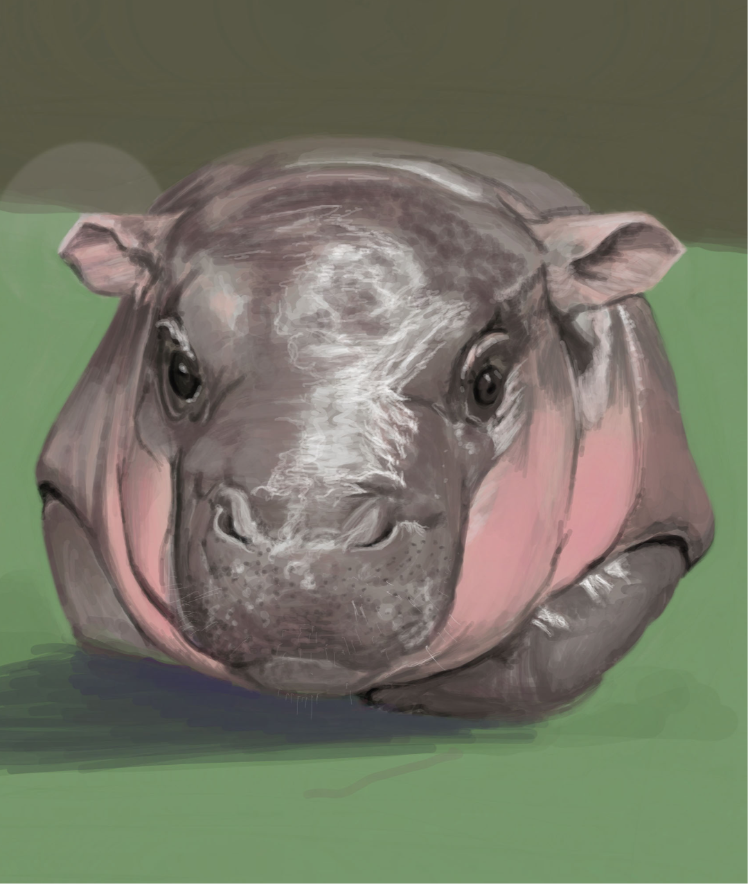 Custom Pet Portrait | Painterly Digital Art from Your Photo: A hand-painted digital artwork of a hippopotamus lying on green grass, with a large round head, expressive eyes, and pinkish tones—perfect as a unique pet illustration or custom portrait.