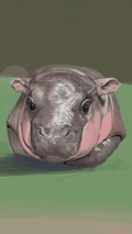 Custom Pet Portrait | Painterly Digital Art from Your Photo: A digital painting of a baby hippo on green grass with soft pink cheeks and a neutral background—ideal custom pet portrait or hand-painted art for animal lovers.