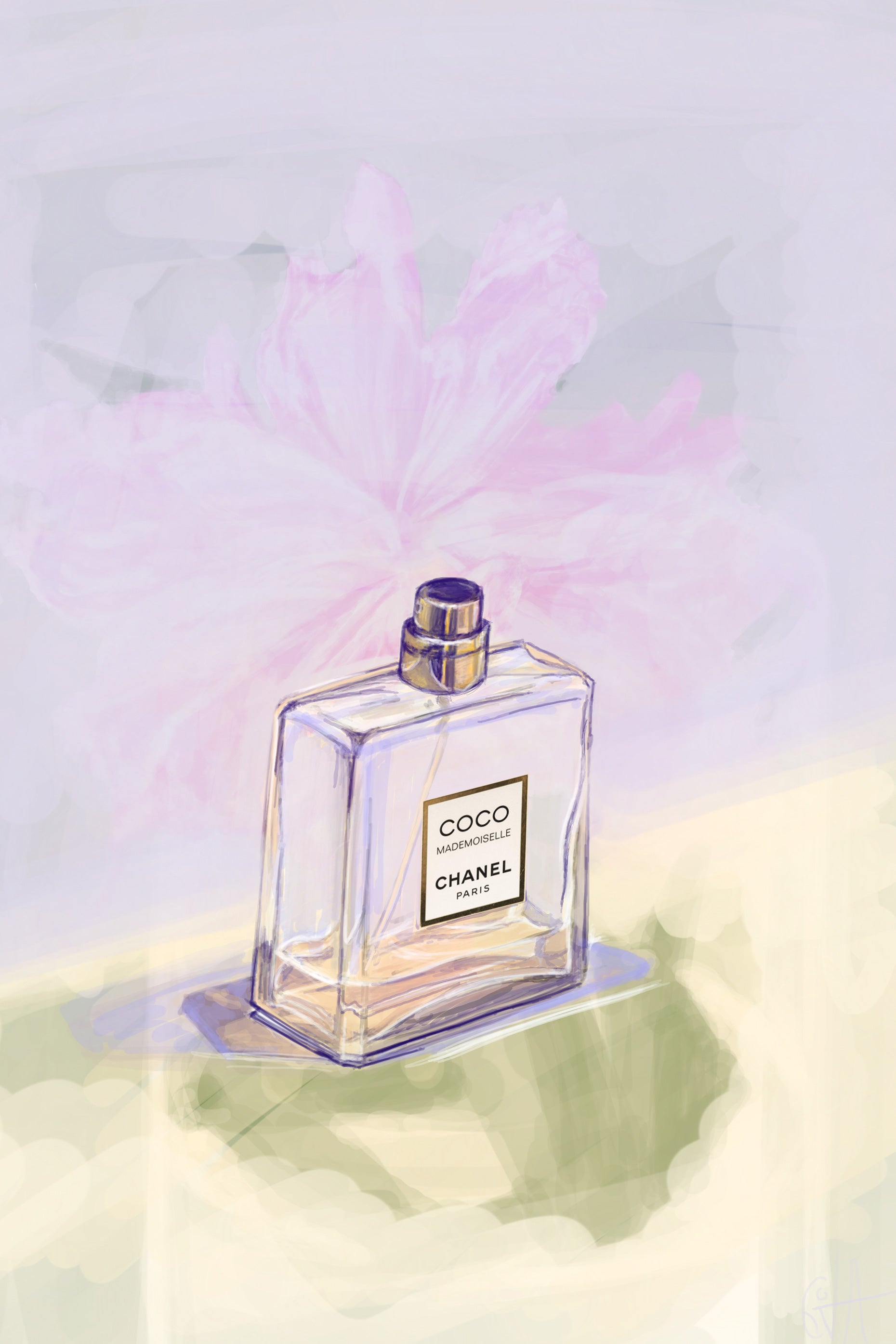 A stylized painting of a transparent perfume bottle on soft pastel tones with a faint pink flower—available through our Monthly Digital Art Subscription for unique printable or digital artworks.