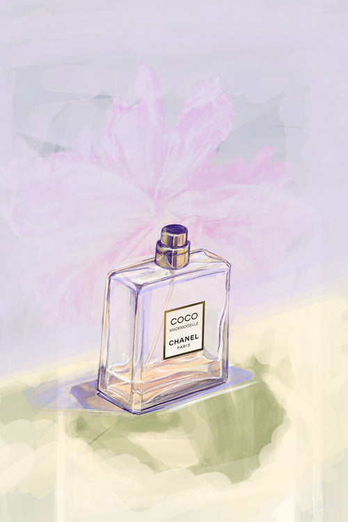 A stylized painting of a transparent perfume bottle on soft pastel tones with a faint pink flower—available through our Monthly Digital Art Subscription for unique printable or digital artworks.