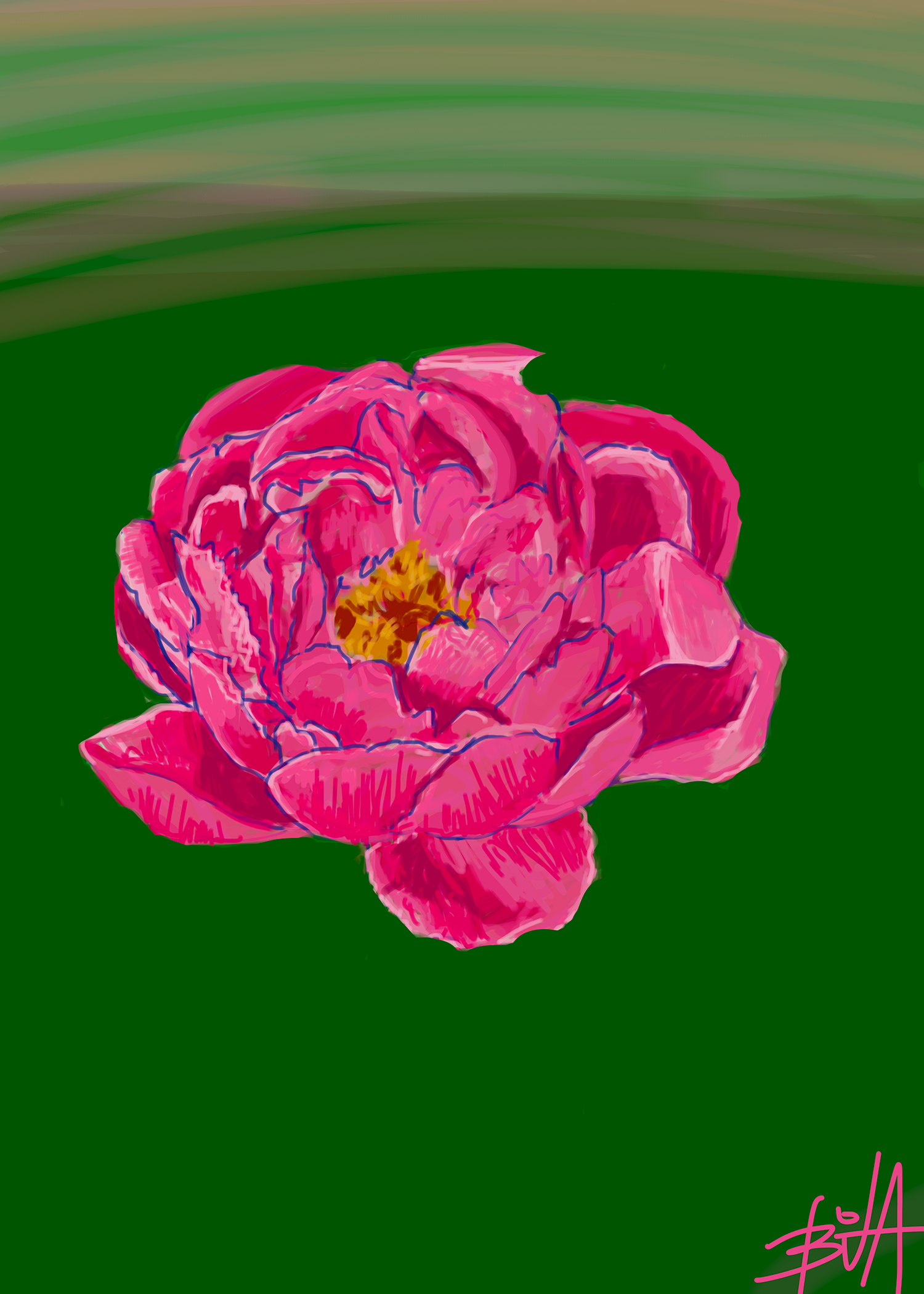 A digital download of "Peony," featuring a vibrant pink peony flower set against a lush green background.