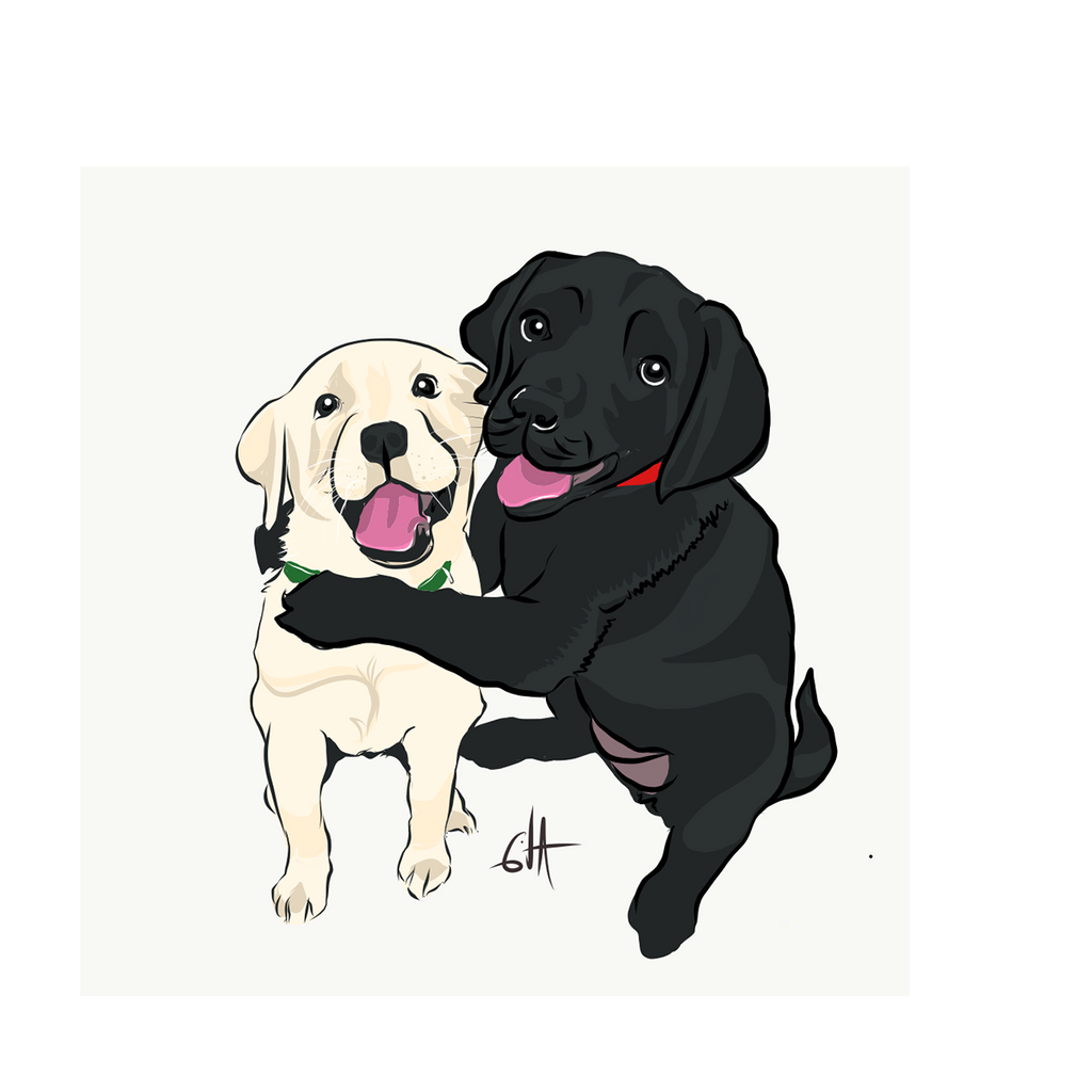 Custom Pet Portrait | Painterly Digital Art from Your Photo—A hand-painted digital illustration of two happy puppies, one yellow and one black with a red collar, sitting together with their tongues out and the black pup’s paw around the yellow.