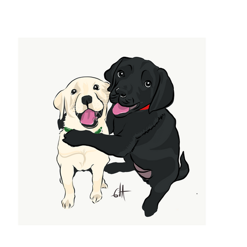Custom Pet Portrait | Painterly Digital Art from Your Photo—A hand-painted digital illustration of two happy puppies, one yellow and one black with a red collar, sitting together with their tongues out and the black pup’s paw around the yellow.